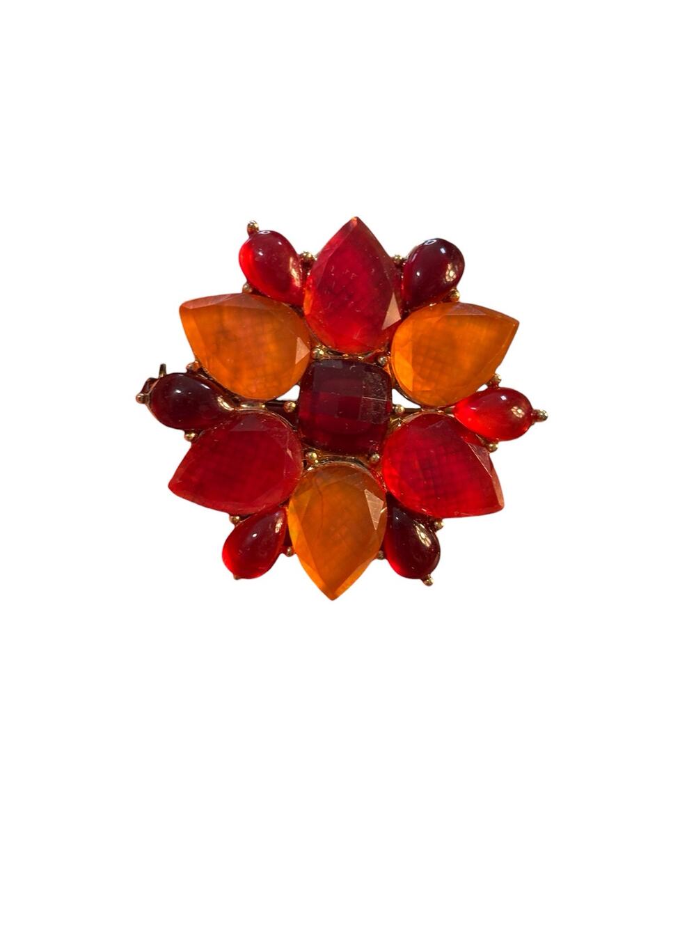 Vintage LC Lucite Rhinestone Flower Brooch Red Orange Faceted Statement Pin